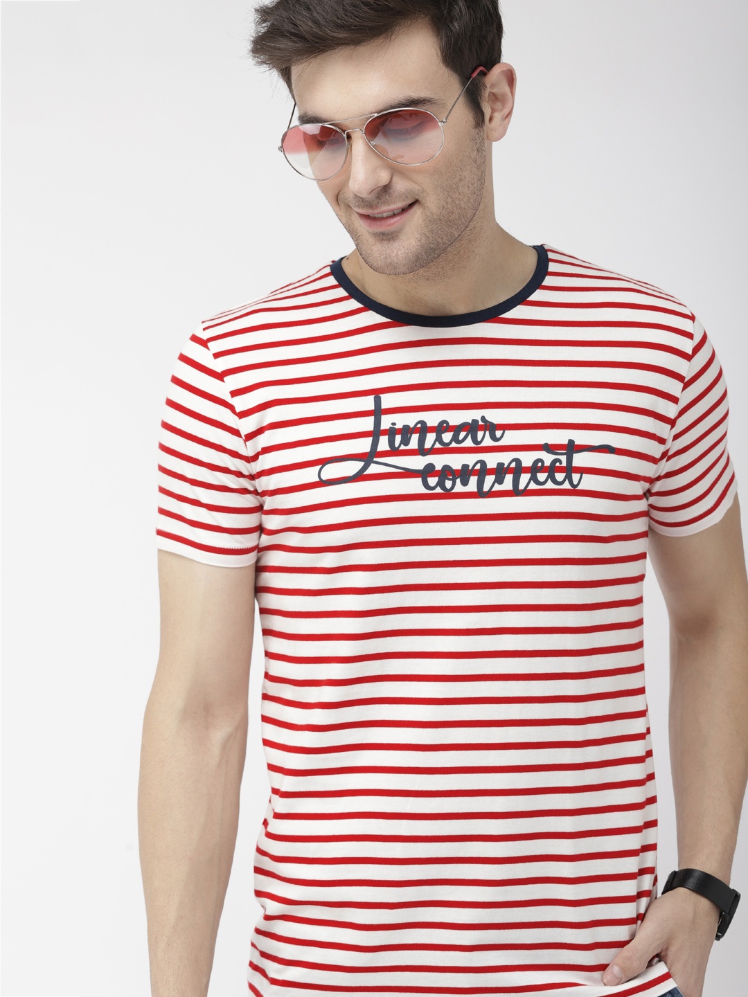 

Mast Harbour Men White Red Striped Round Neck Pure Cotton T-shirt