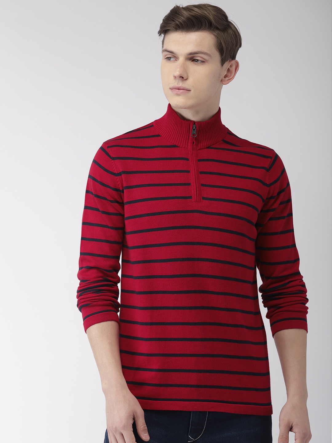 

Celio Men Maroon & Navy Blue Striped Sweater