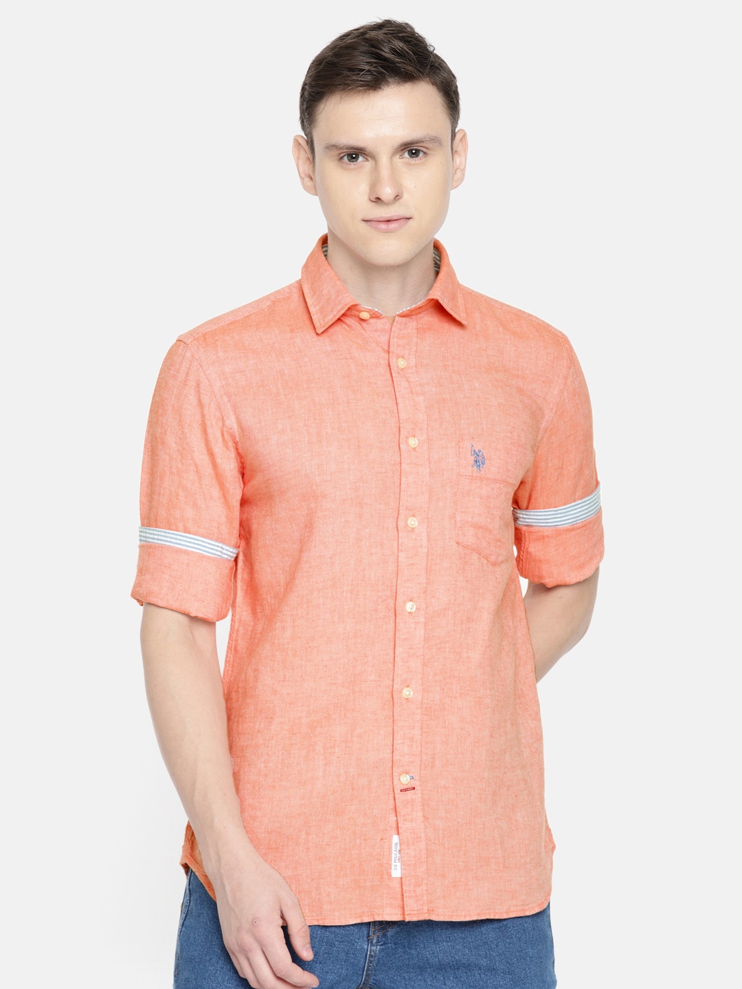 

U.S. Polo Assn. Men Coral Orange Tailored Fit Solid Casual Shirt