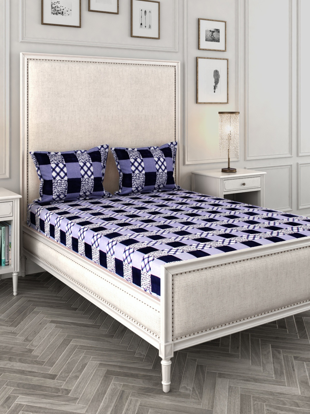 

ROMEE Blue Geometric 144 TC Microfiber 1 Bedsheet with 2 Pillow Covers
