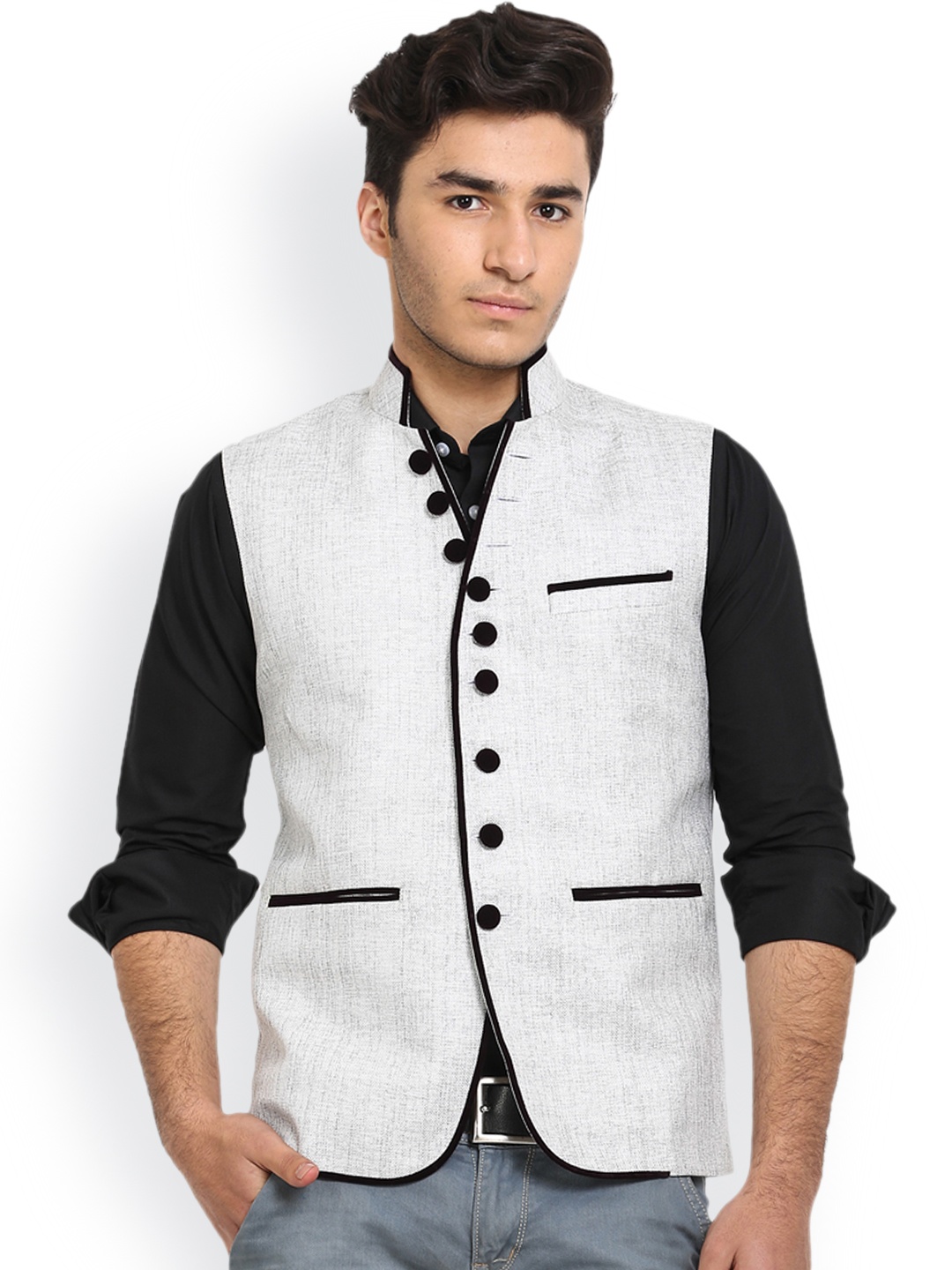 

Shaftesbury London Grey Jute Nehru Jacket