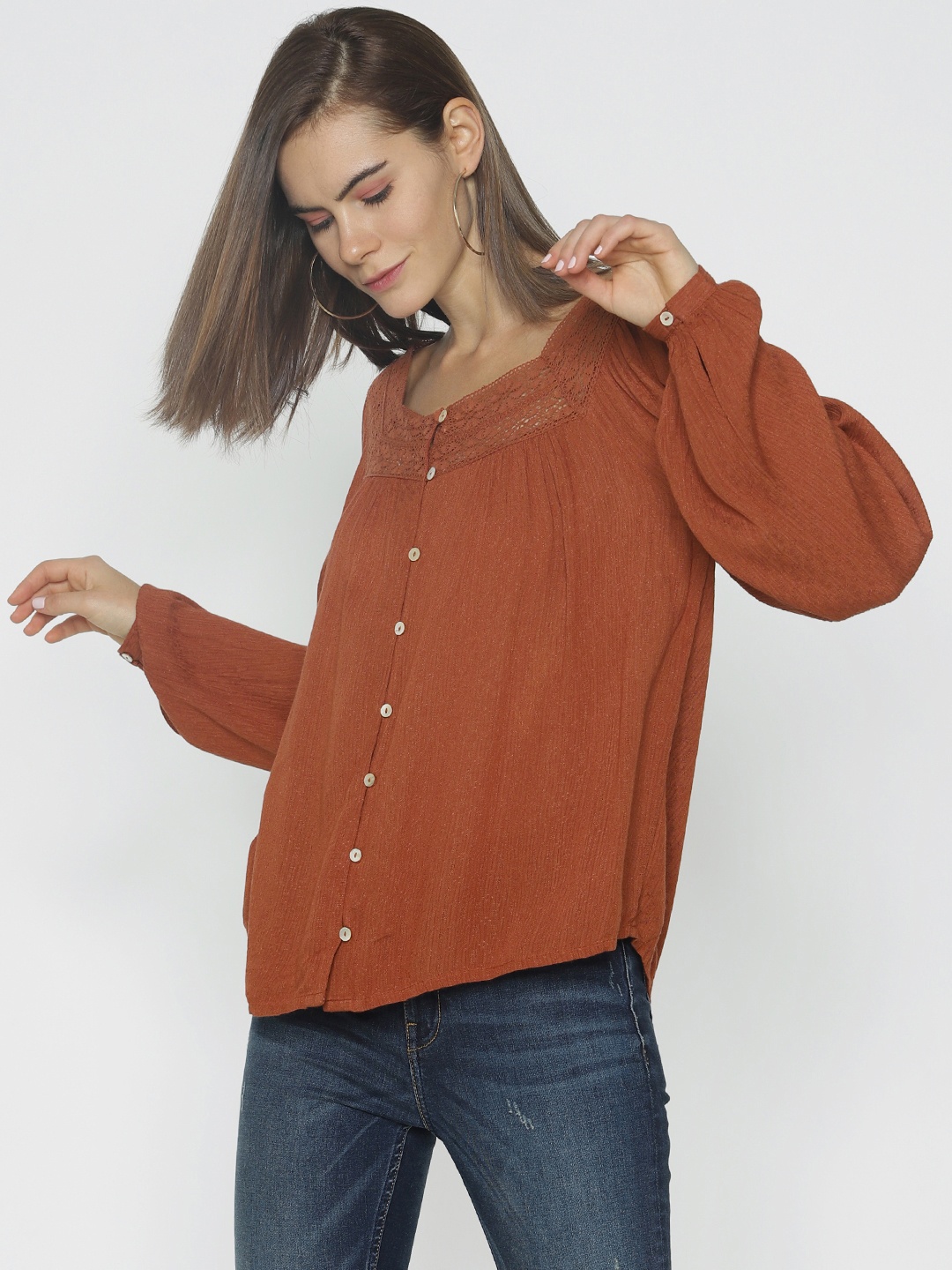 

ONLY Women Rust Brown Solid Shirt Style Top