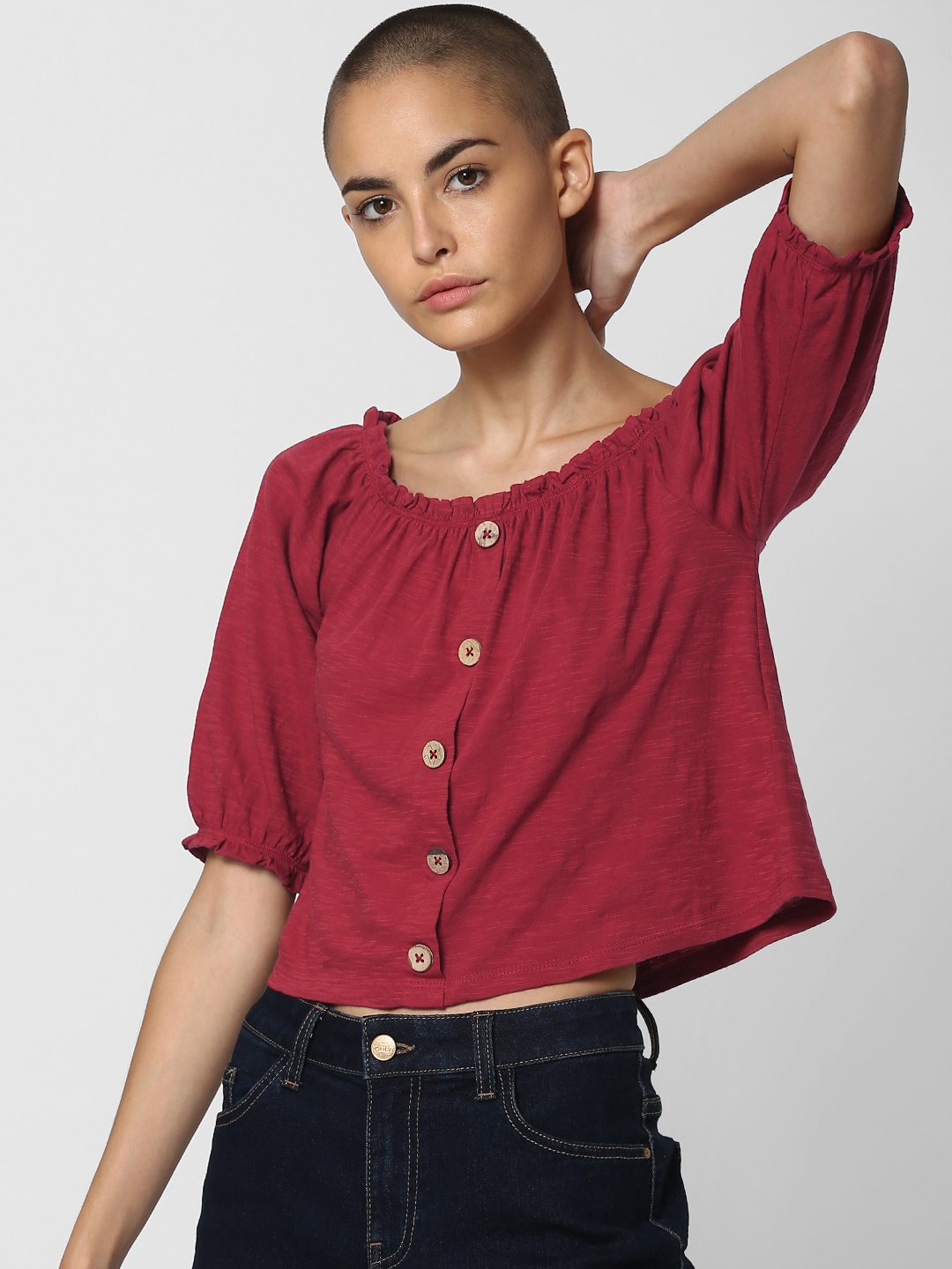 

ONLY Women Red Solid Cropped Top