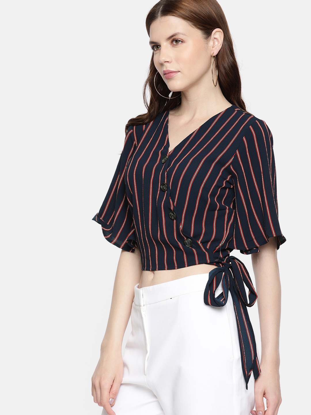 

ONLY Women Navy Blue & Red Striped Wrap Top