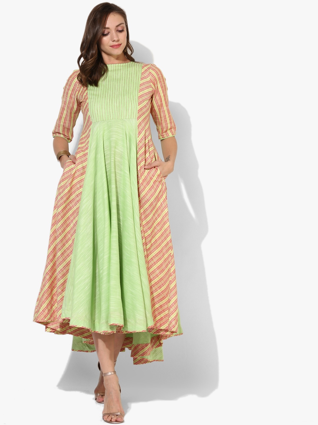 

Round Neck 3/4th Sleeves Yarn Dyed Striped Circular Anarkali, Green