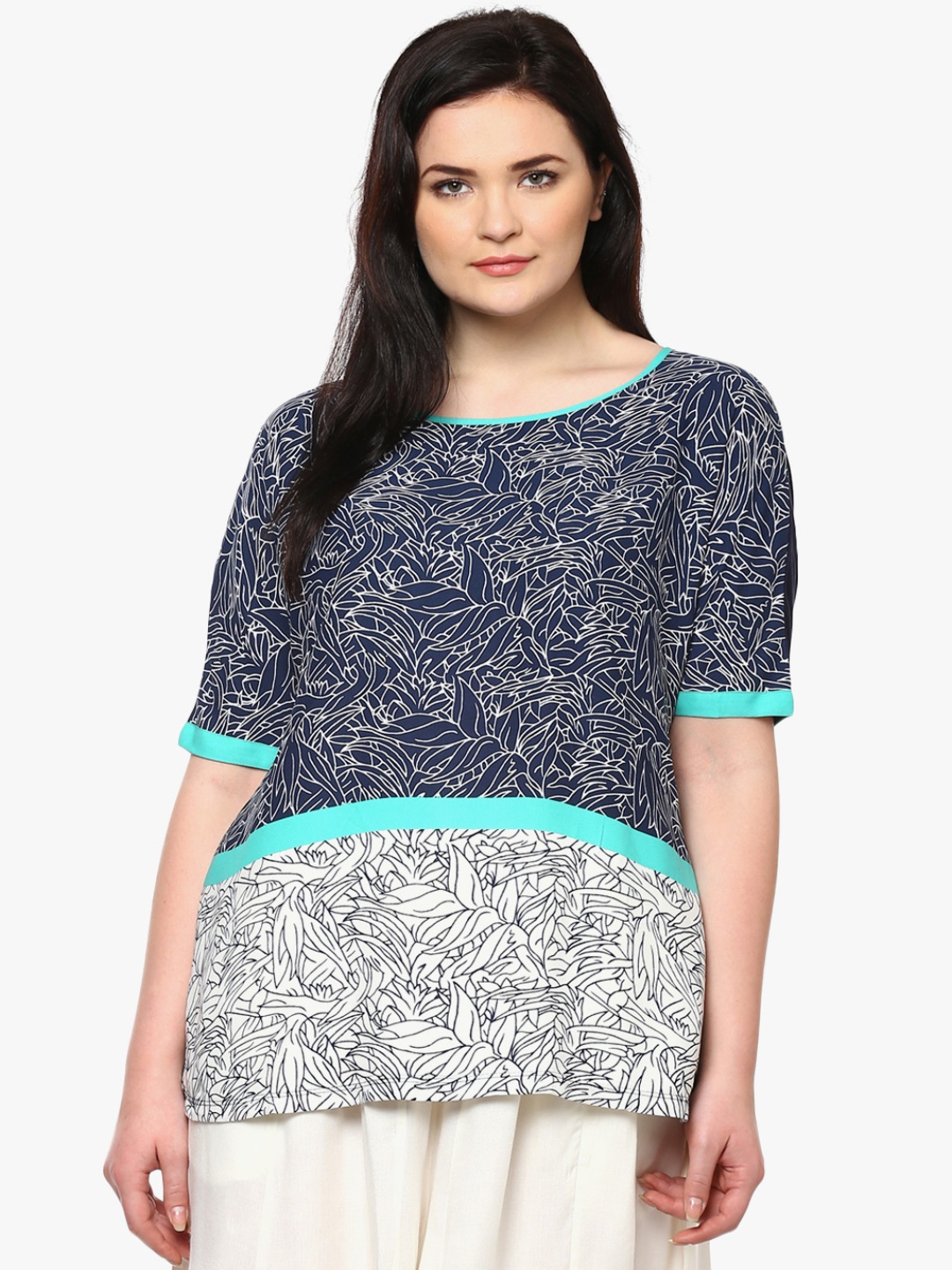 ALTOMODA by Pantaloons Navy Blue & Off-White Leafy Print Extended Sleeves Regular Top