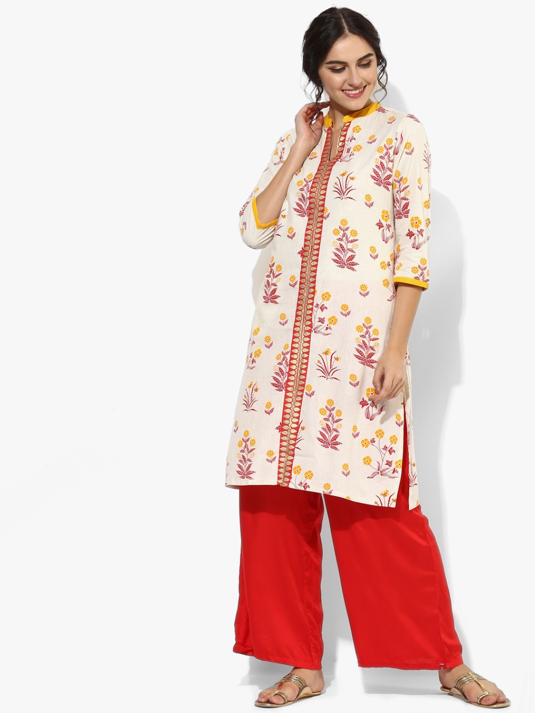 

RANGMANCH BY PANTALOONS Women Beige & Red Printed Straight Kurta