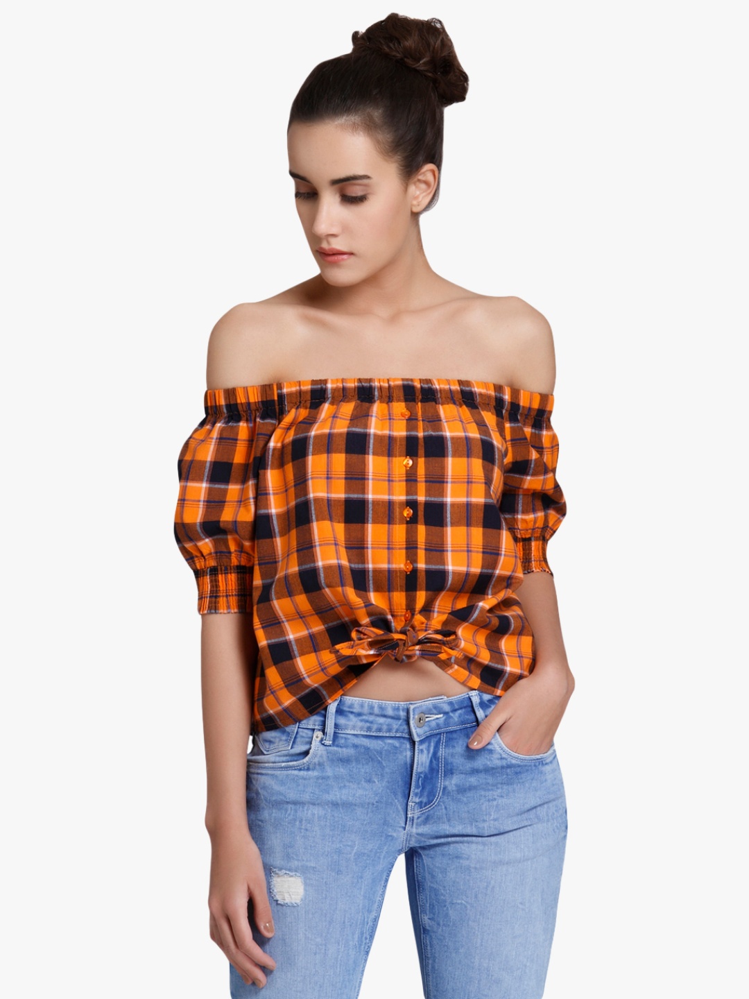 

Vero Moda Women Orange Checked Bardot Pure Cotton Top