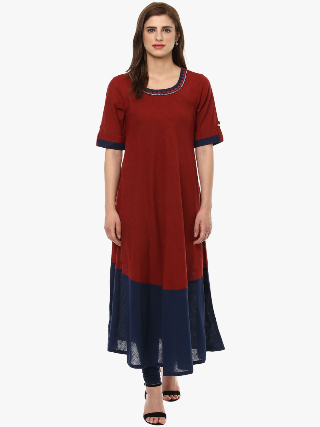 

RANGMANCH BY PANTALOONS Maroon & Navy Blue Colourblocked Kurta