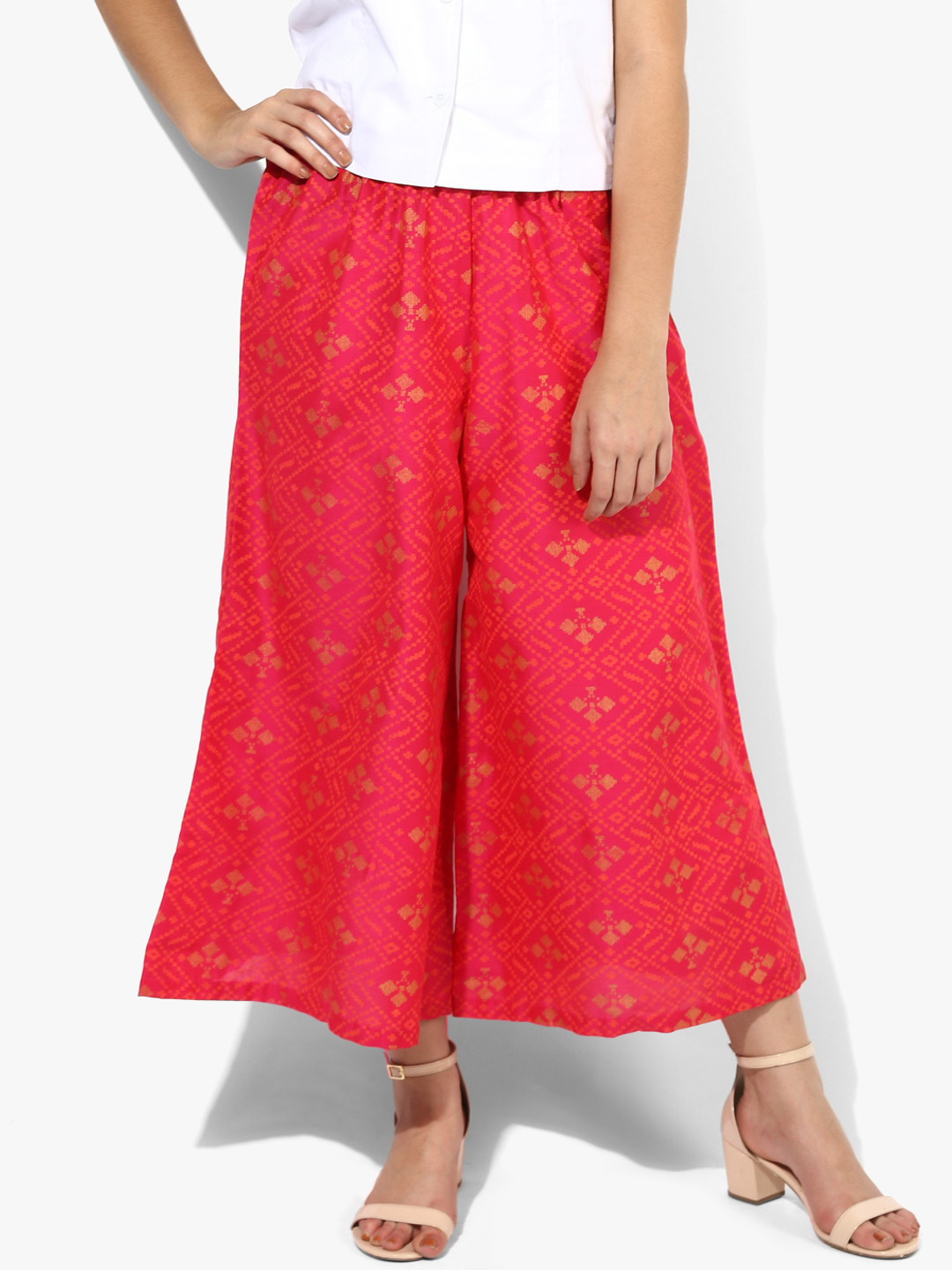 

RANGMANCH BY PANTALOONS Women Magenta & Golden Ethnic Motifs Printed Cropped Palazzos