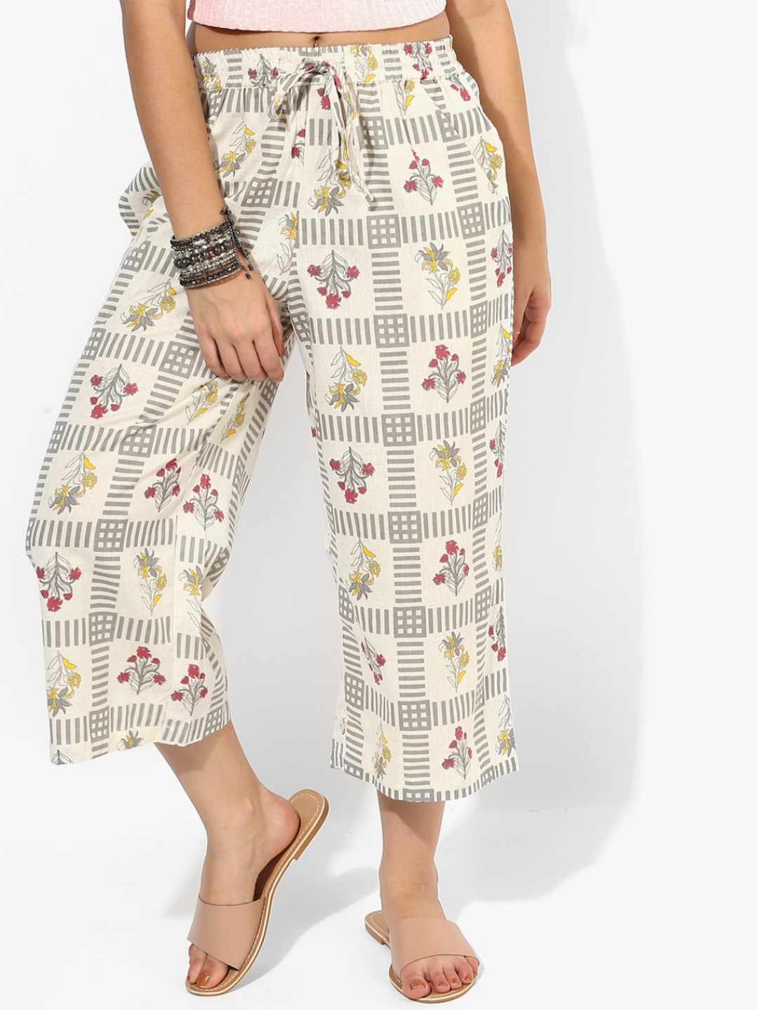 

RANGMANCH BY PANTALOONS Women Cream-Coloured Straight Printed Palazzos