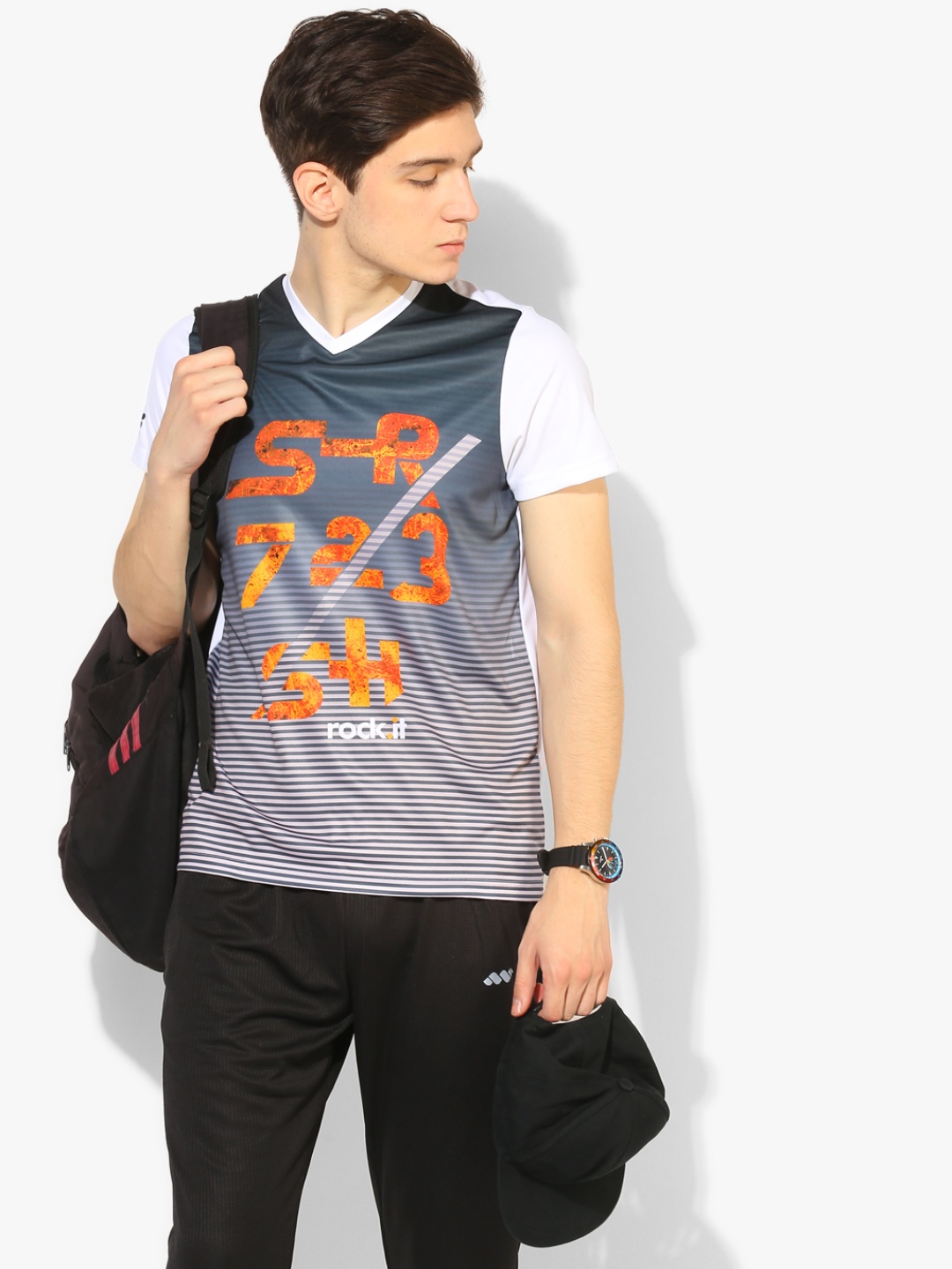 Grey Striped V Neck T-Shirt