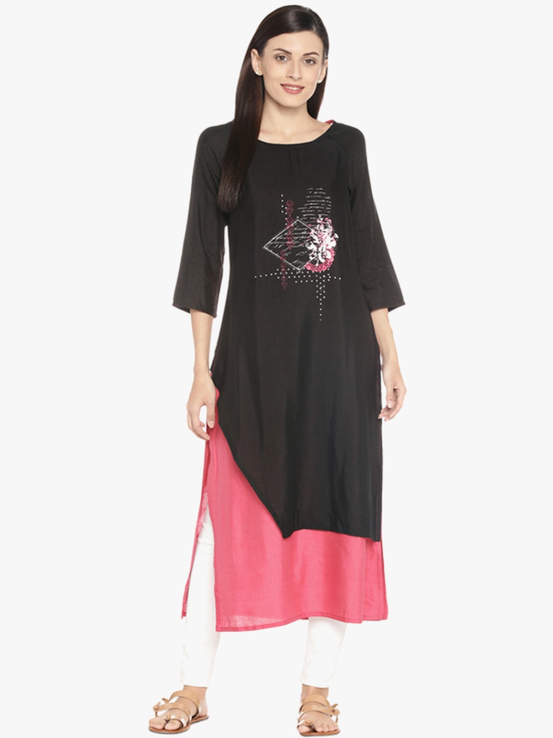 

RANGMANCH BY PANTALOONS Black Solid Layered Straight Kurta