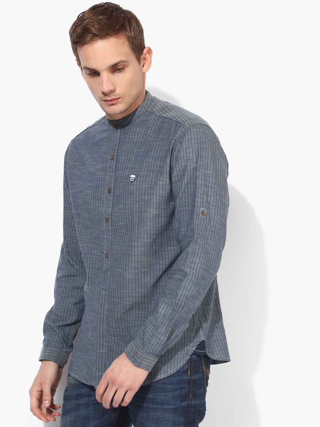 John Players Men Grey & Blue Slim Fit Striped Casual Shirt