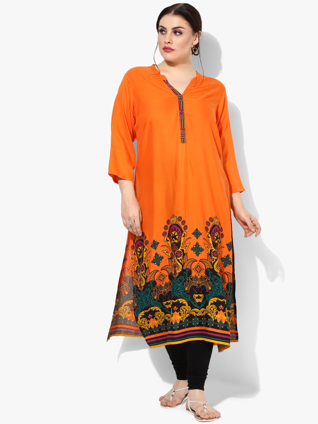 

ALTOMODA by Pantaloons Plus Size Women Orange Black Printed Straight Kurta