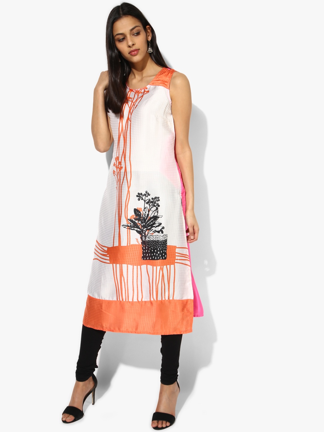 RANGMANCH BY PANTALOONS Women Cream-Coloured & Peach-Coloured Printed Straight Kurta