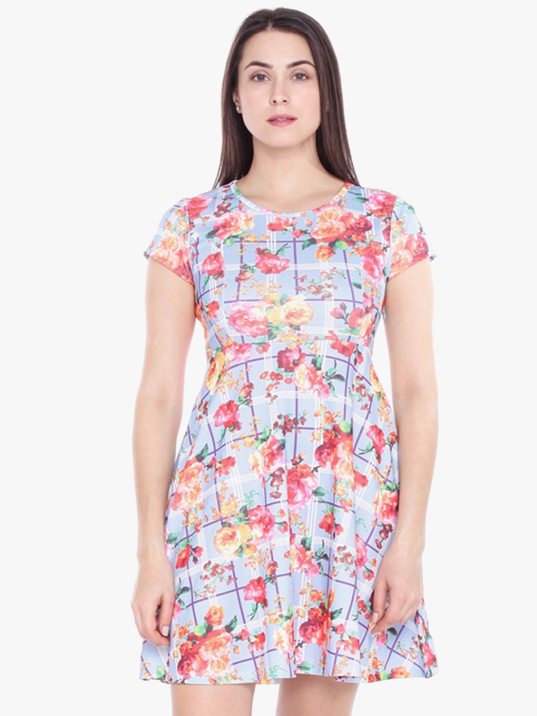 

Honey by Pantaloons Blue & Red Floral Printed Crepe A-Line Dress