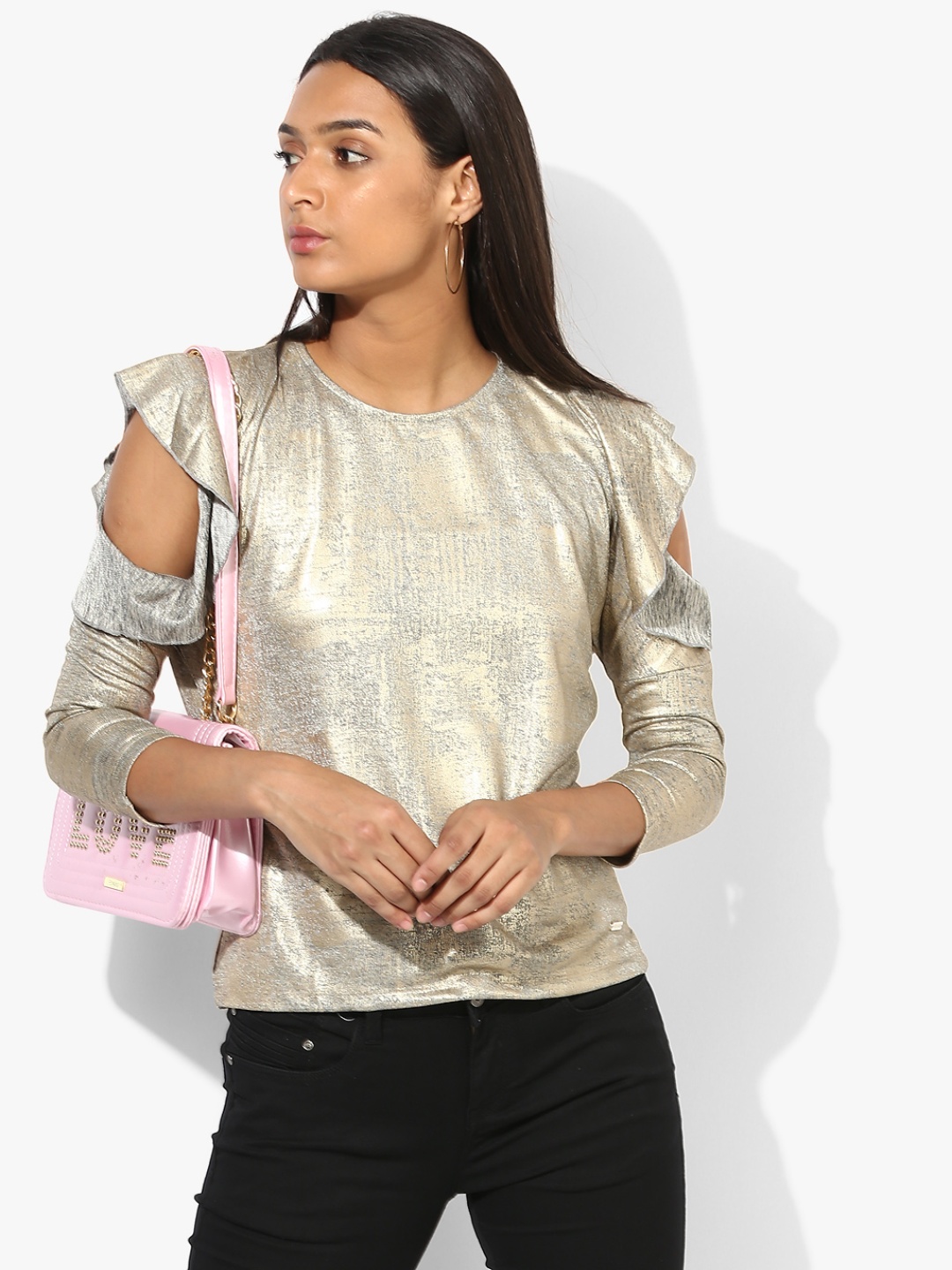 

Madame Women Gold-Toned Self Design Top