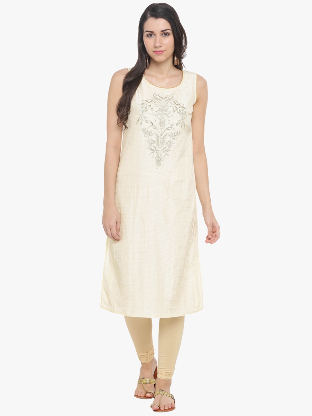 

TRISHAA BY PANTALOONS Women Cream-Coloured Embroidered Straight Kurta