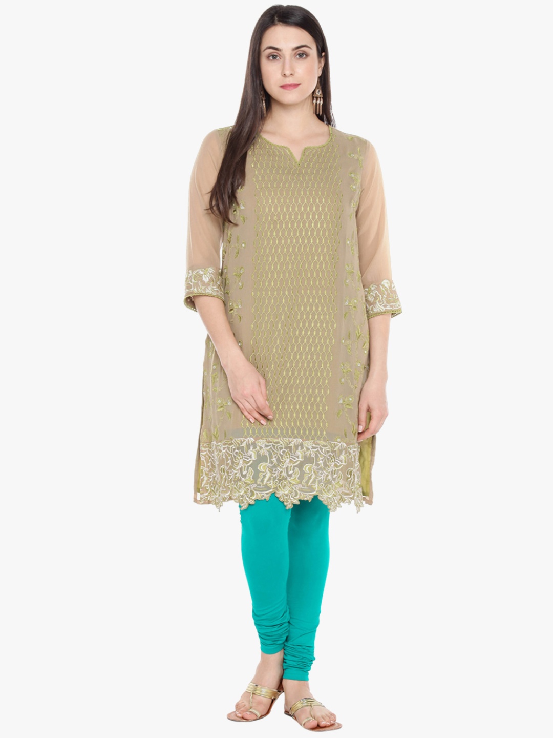 

TRISHAA BY PANTALOONS Women Beige Embroidered Straight Kurta