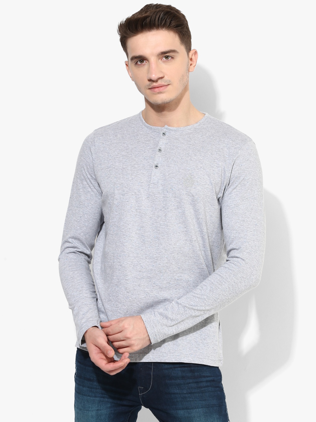 

Grey Self Design Regular Fit Henley-Neck T-Shirt