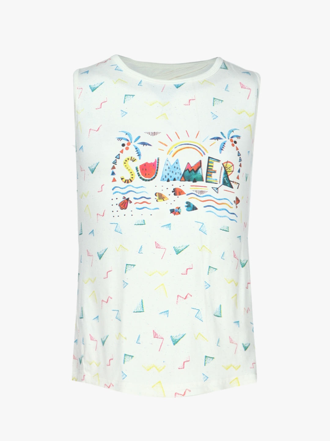 

Gini and Jony Girls Off-White & Blue Printed Styled Back A-Line Top