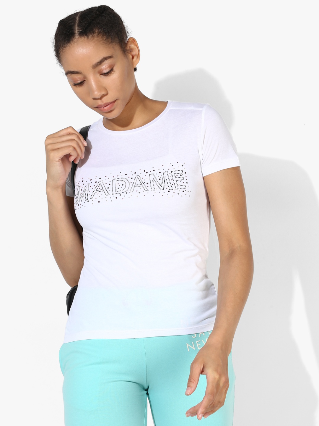 Madame Women White Printed Round Neck T-shirt
