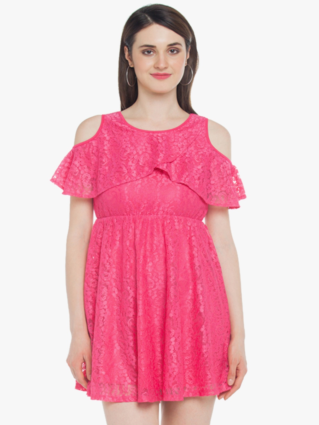 

Honey by Pantaloons Pink Floral Woven Design Crepe A-Line Lace Dress