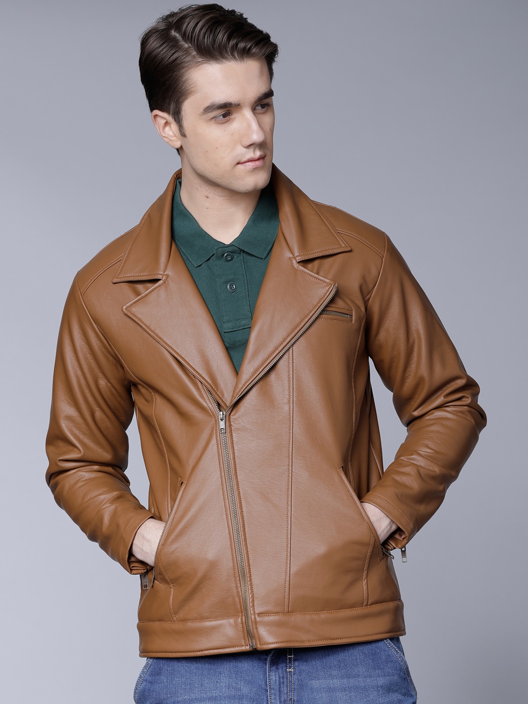 

LOCOMOTIVE Men Tan Brown Solid Biker Jacket