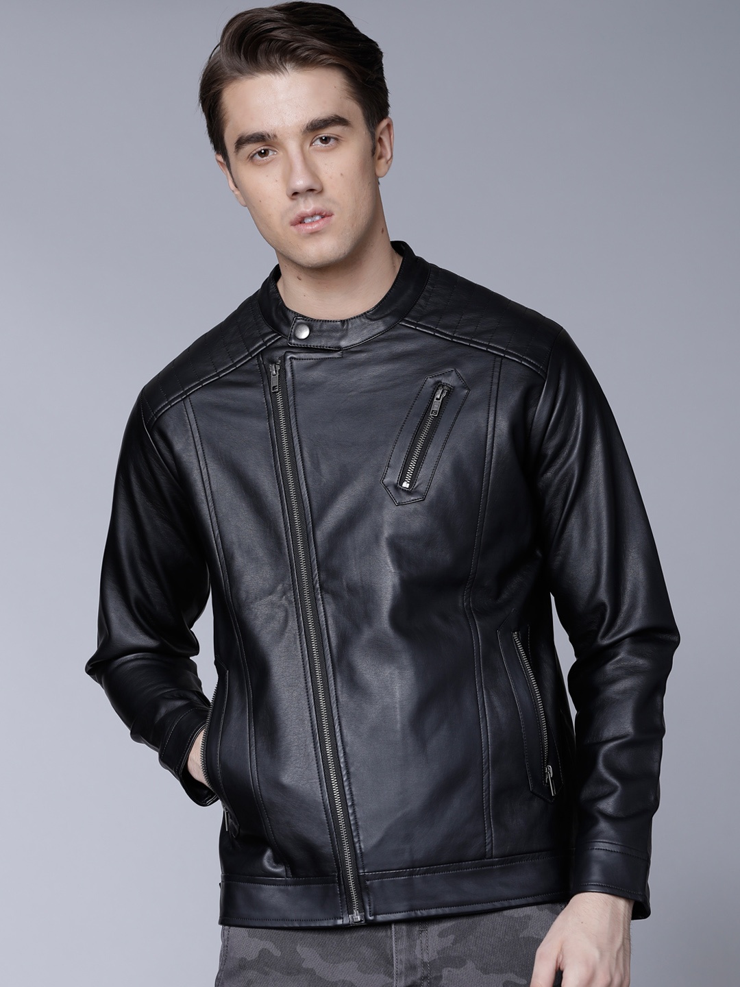 

LOCOMOTIVE Men Black Solid Biker Jacket