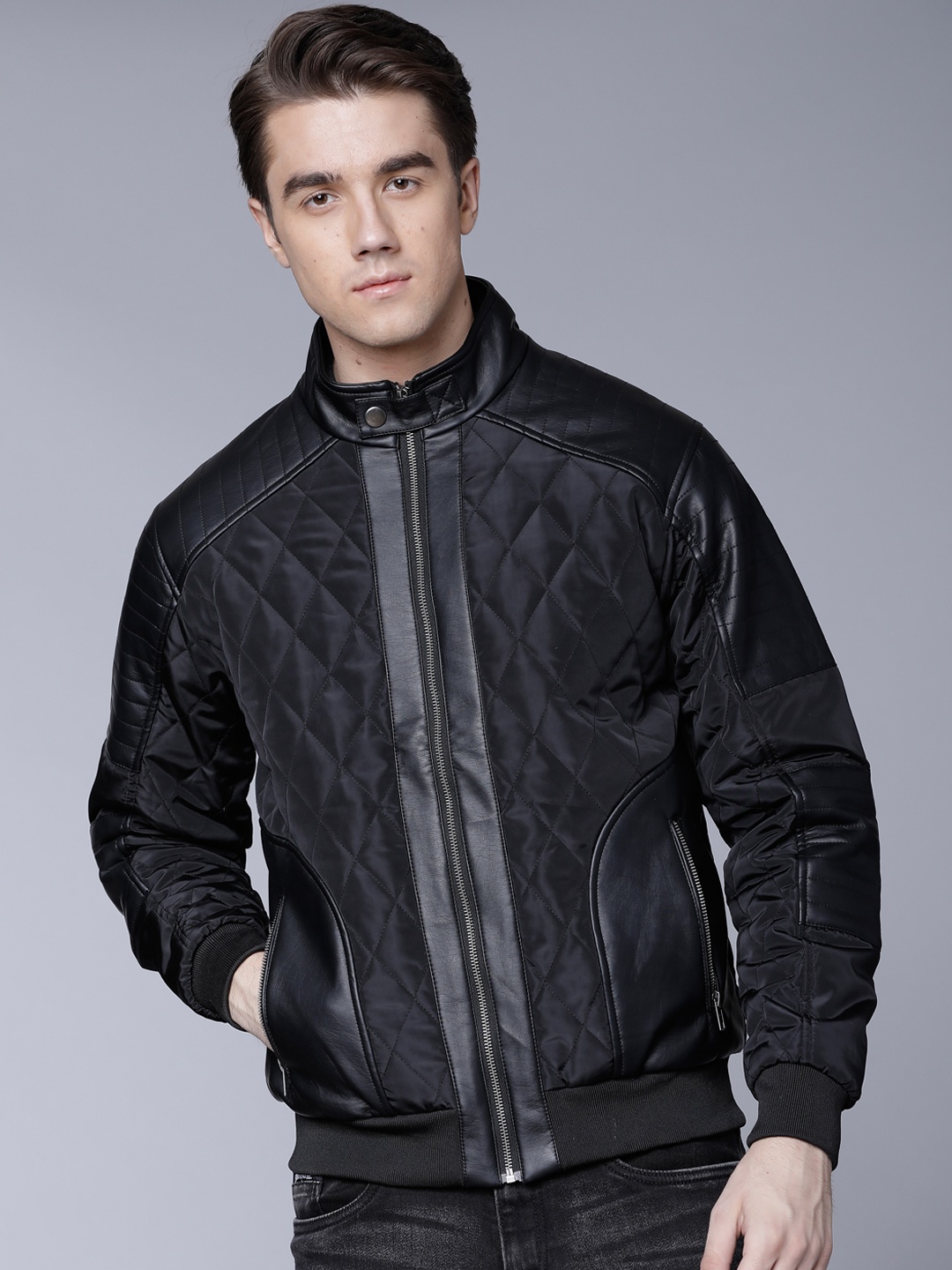 

LOCOMOTIVE Men Black Solid Quilted Jacket