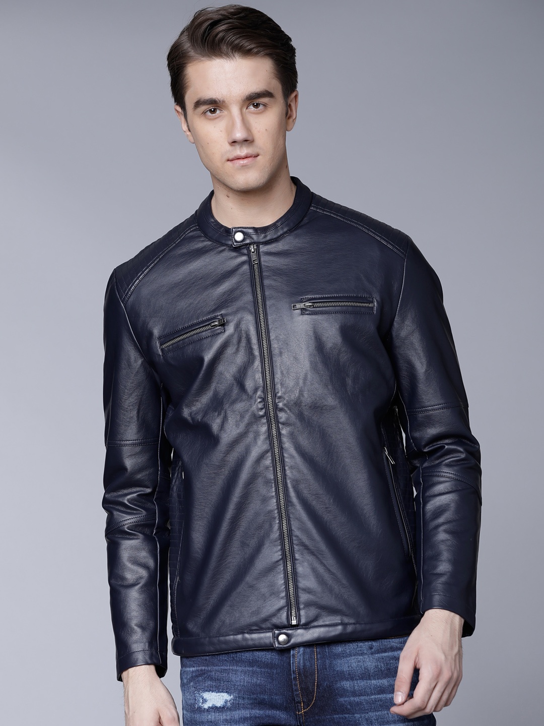 LOCOMOTIVE Men Navy Blue Solid Biker Jacket