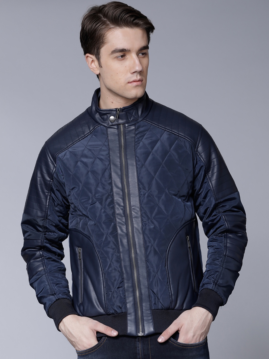 

LOCOMOTIVE Men Navy Blue Colourblocked Quilted Jacket