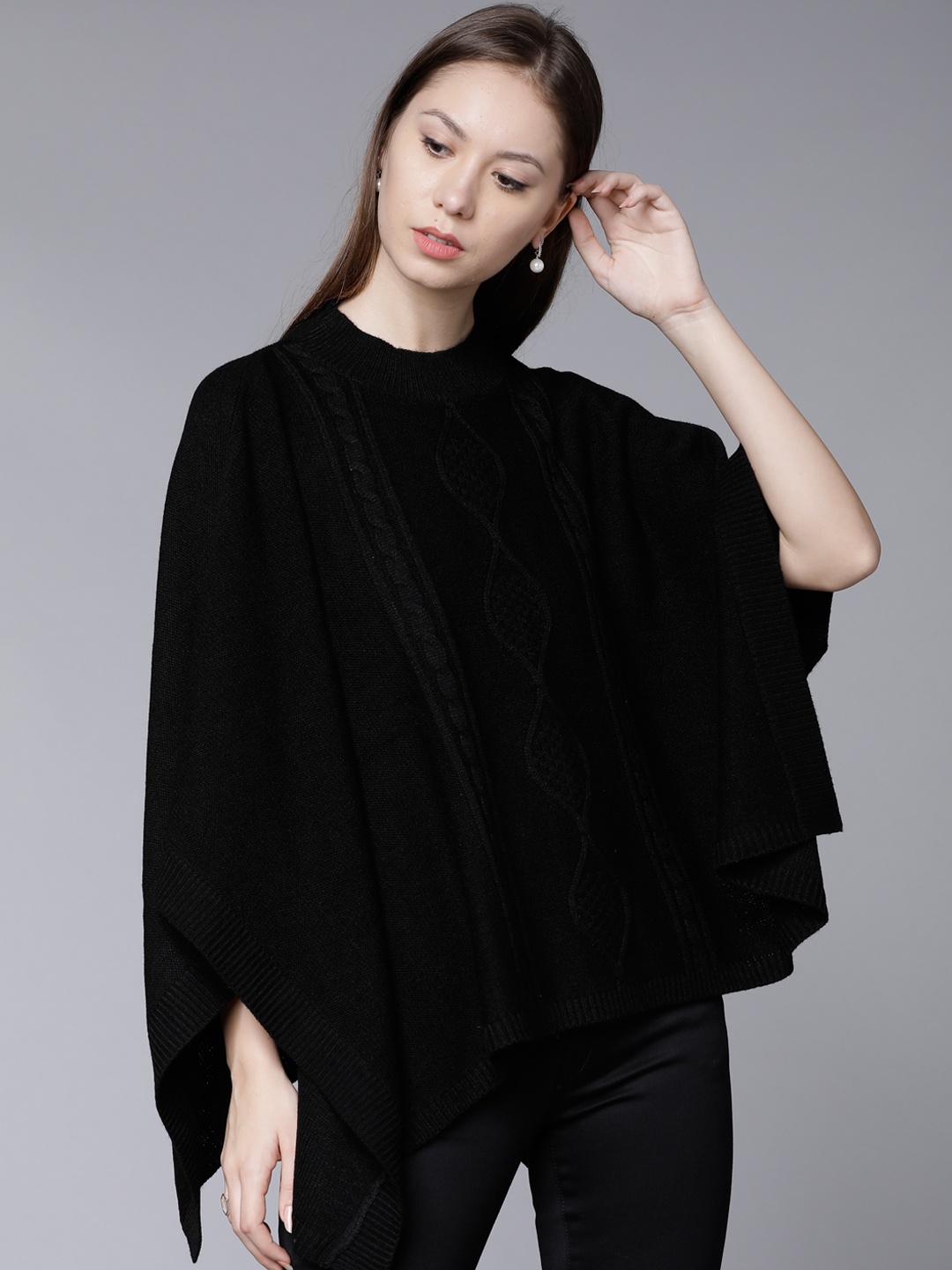 

Tokyo Talkies Women Black Cable Knit Poncho