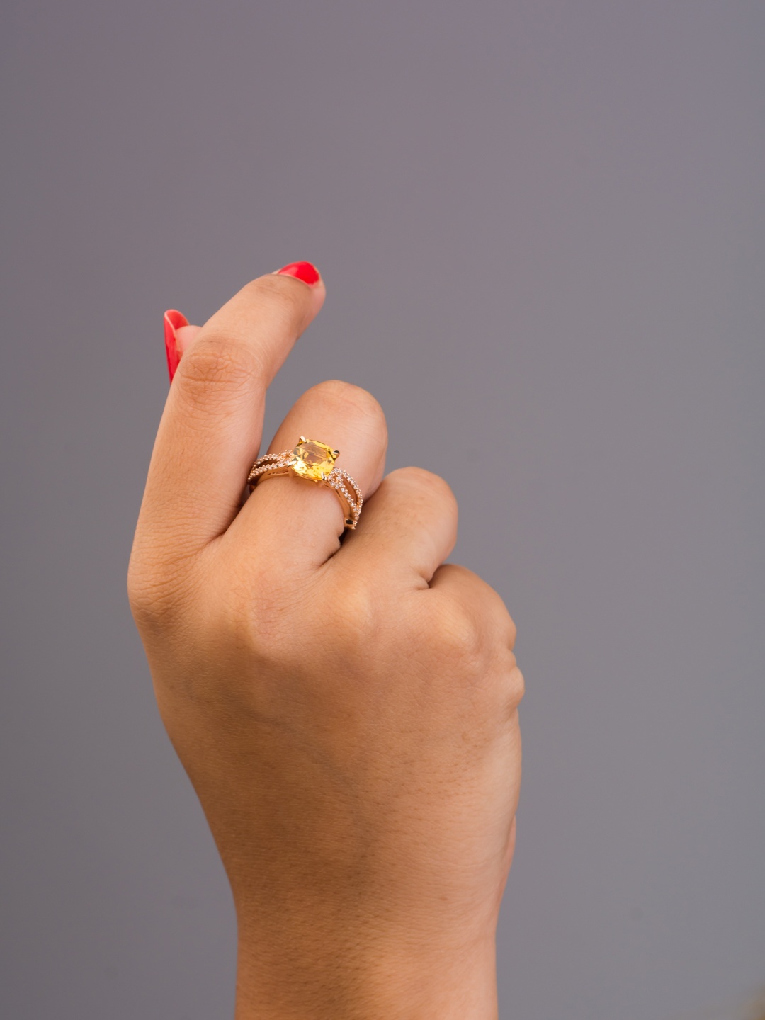 

TALISMAN Rose Gold-Plated & Embedded Yellow Quartz Stones Handcrafted Finger Ring