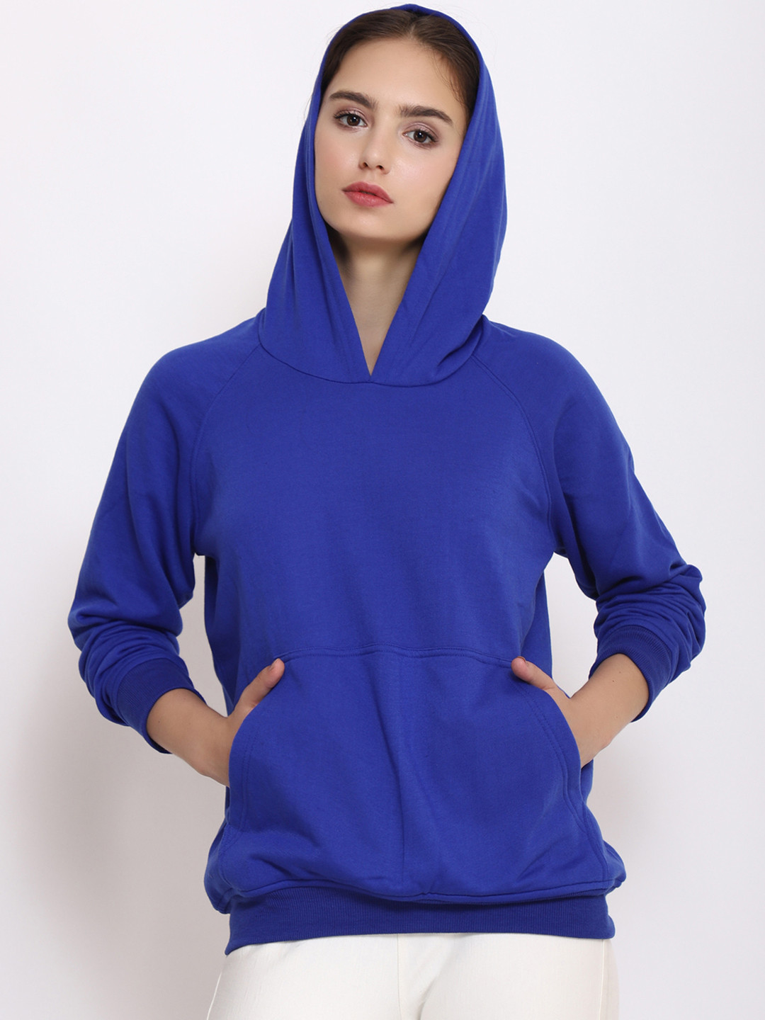 

PURYS Women Blue Solid Hooded Sweatshirt