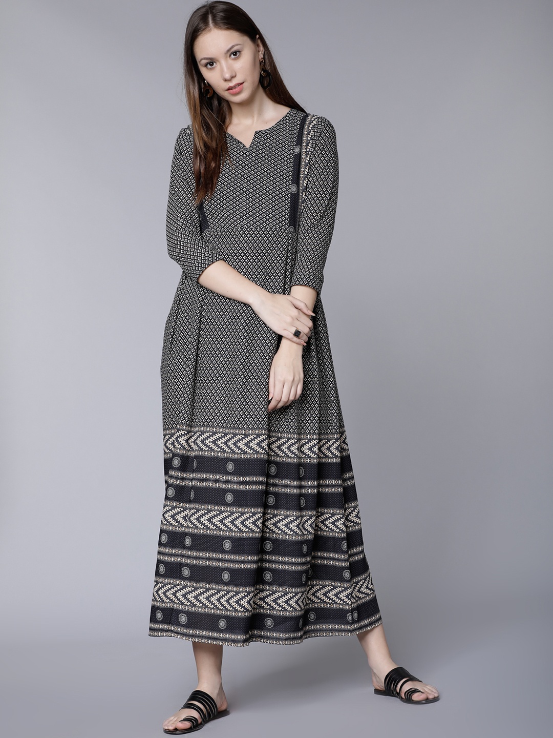 

Vishudh Women Grey Printed Fit and Flare Dress