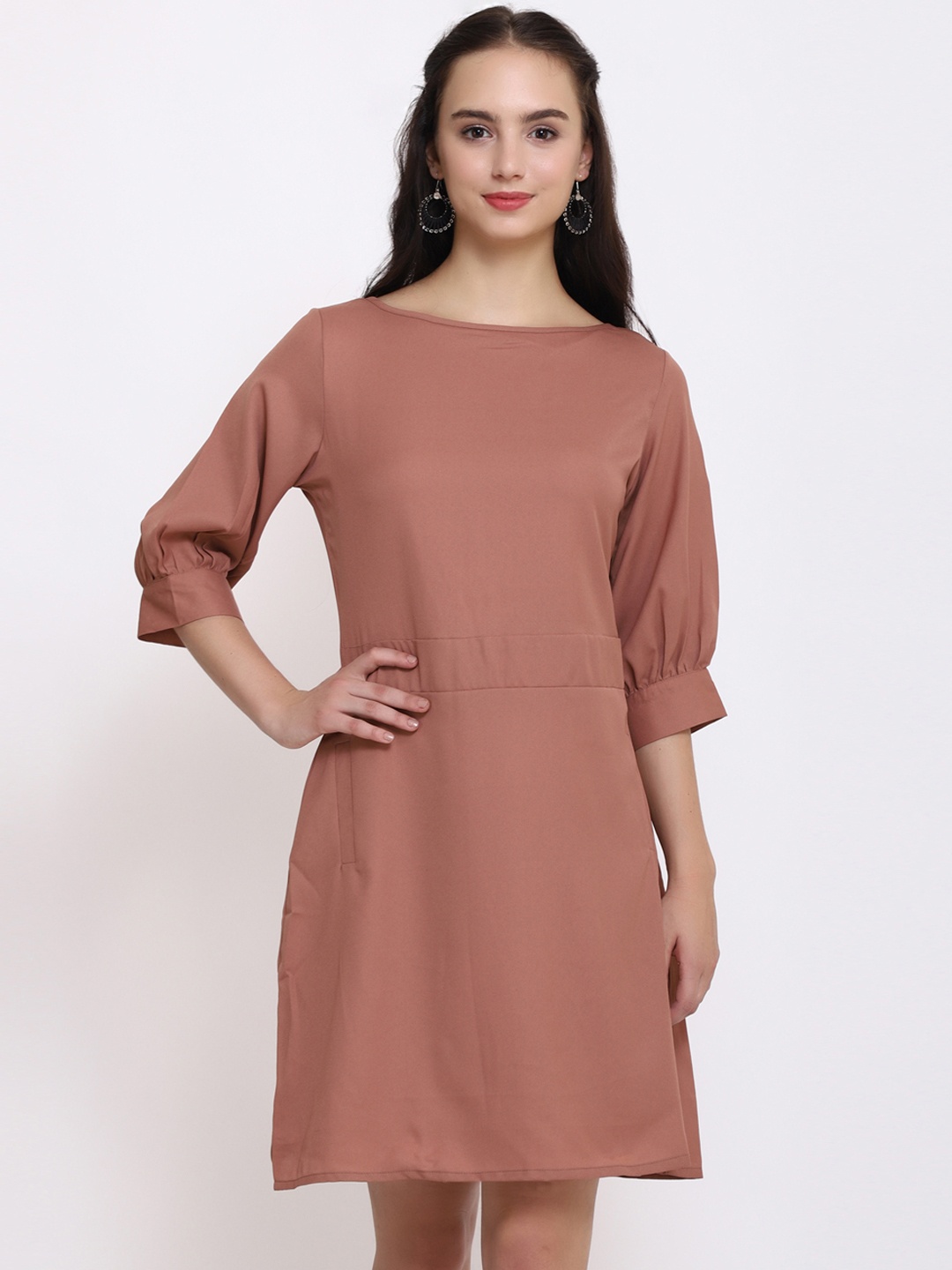 

PURYS Women Brown Solid Fit and Flare Dress