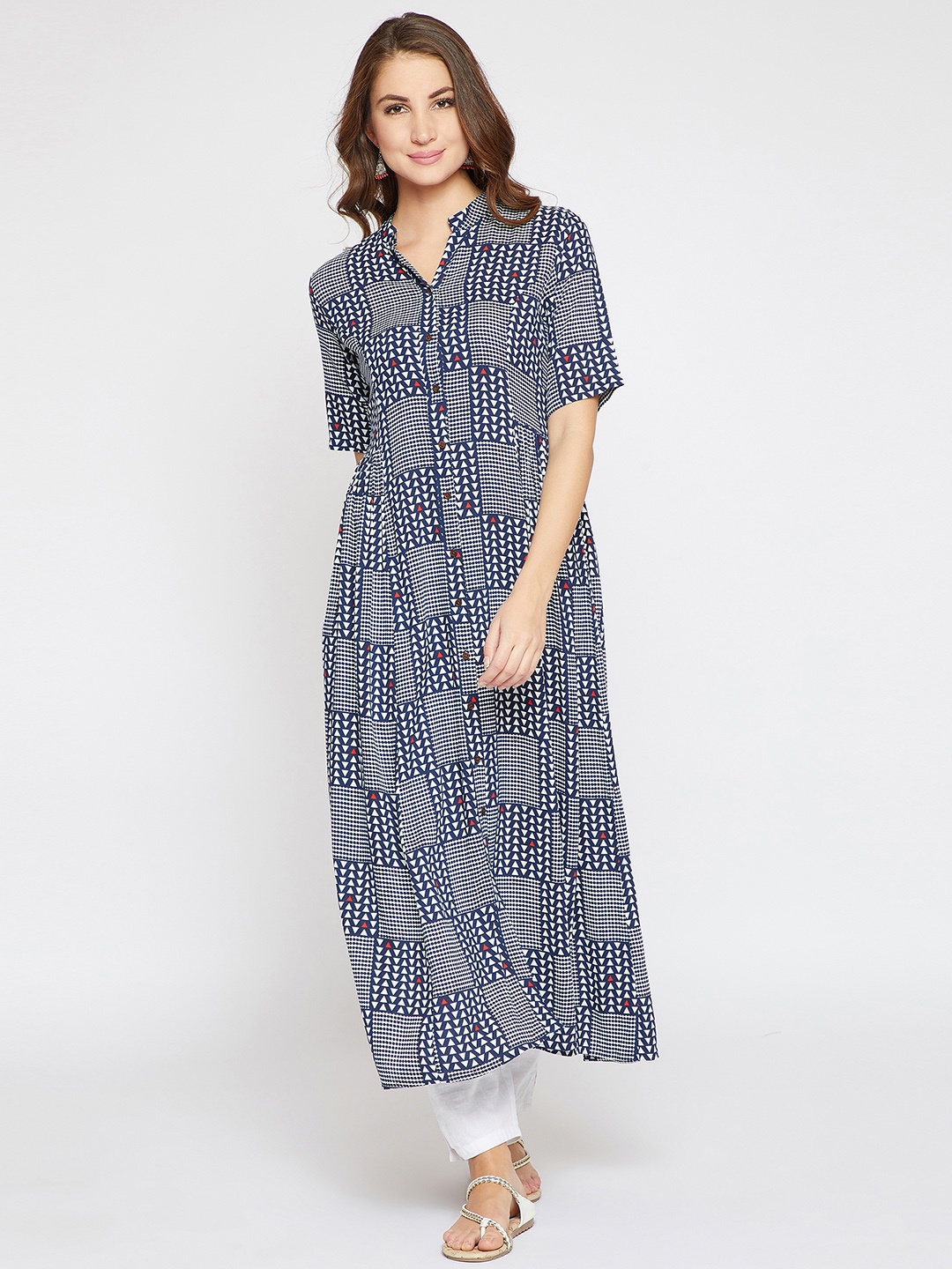 RARE ROOTS Women Blue & White Printed A-Line Kurta