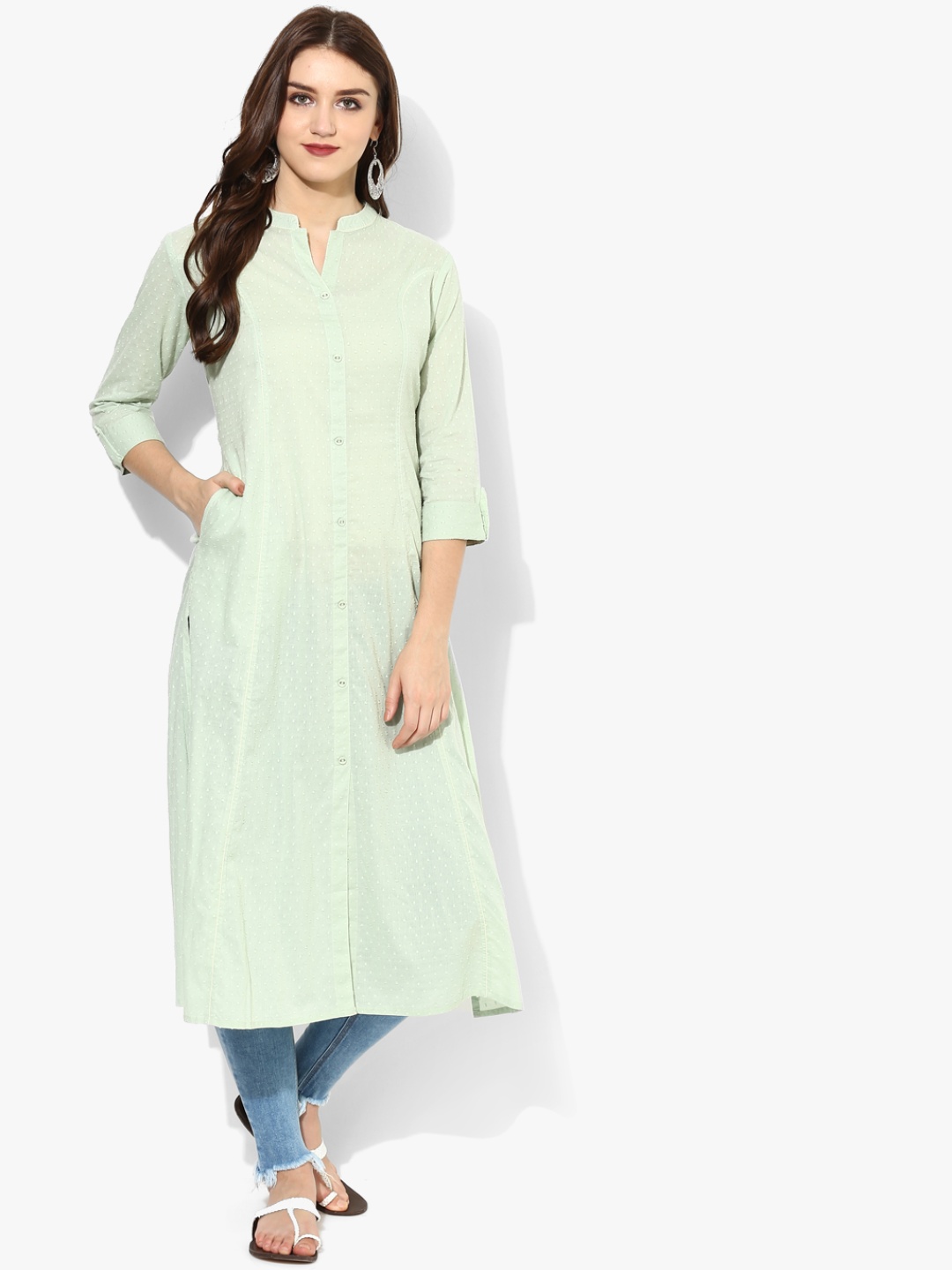 

Textured Band Collar A Line Kurta With Full Button Placket And 3/4Th Sleeves, Green