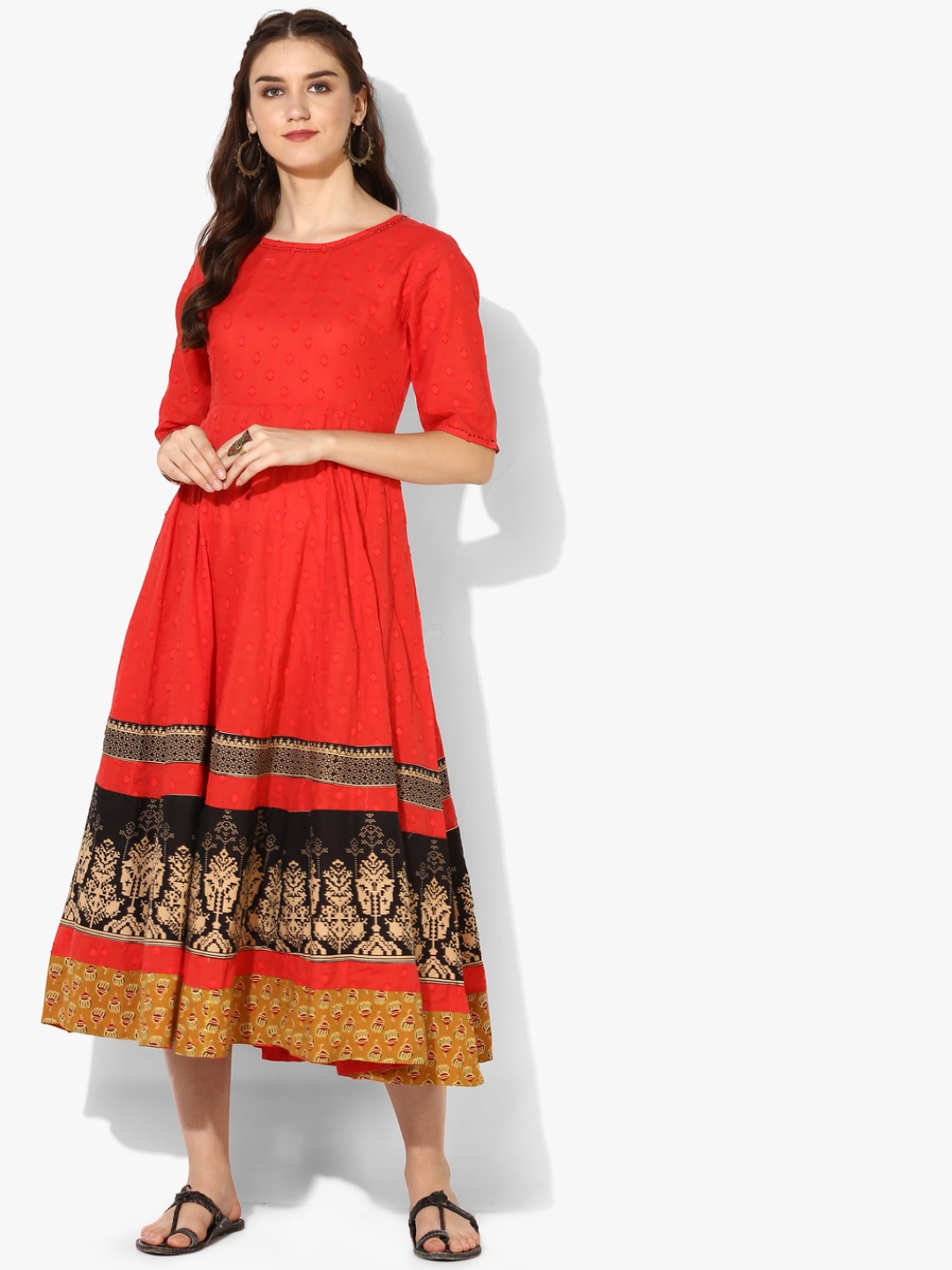 

Textured Prinetd Round Neck Circular Anarkali With Elbow Length Sleeves, Red