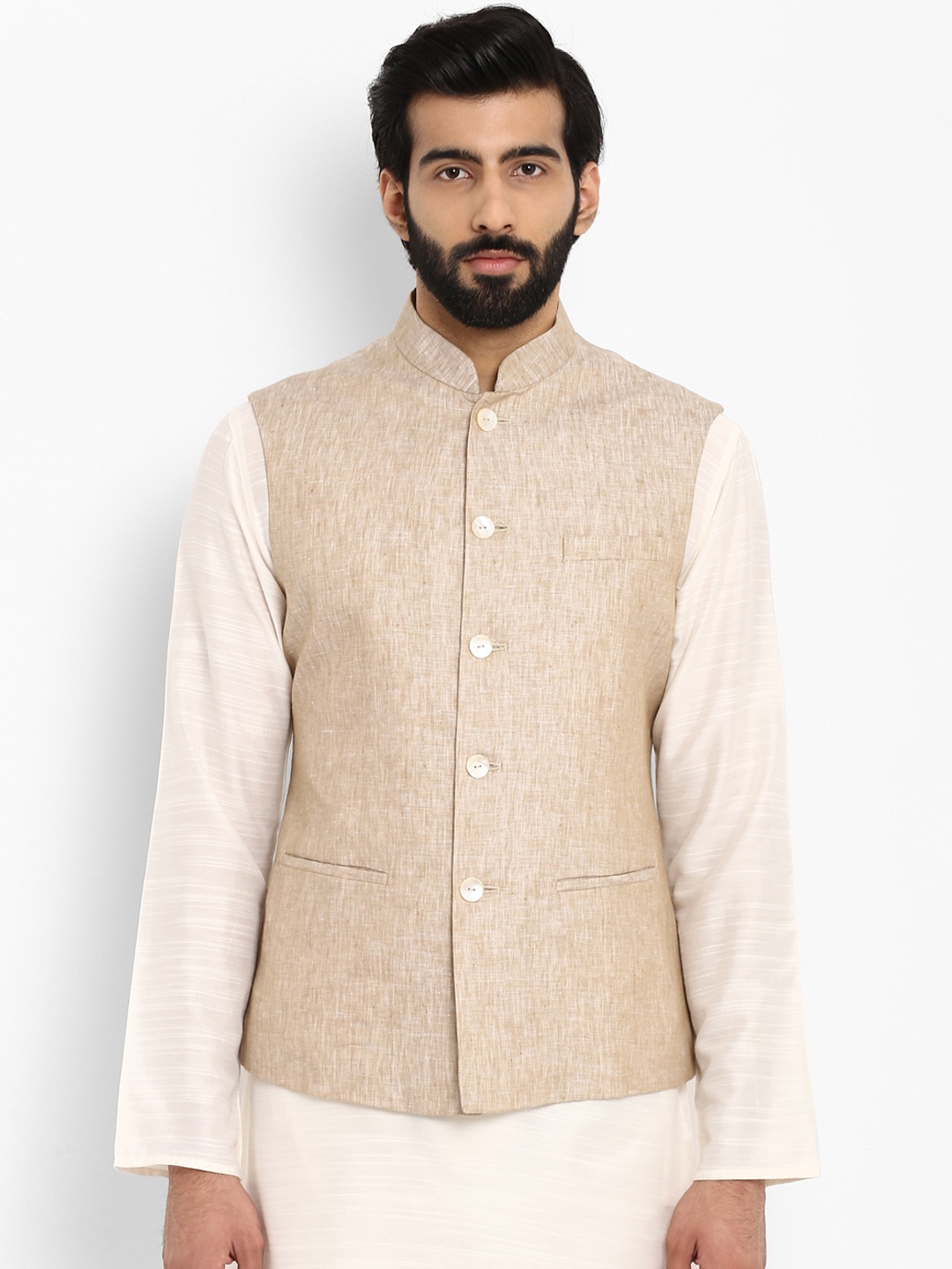 

ethnix Men Beige Single-Breasted Linen Nehru Jacket