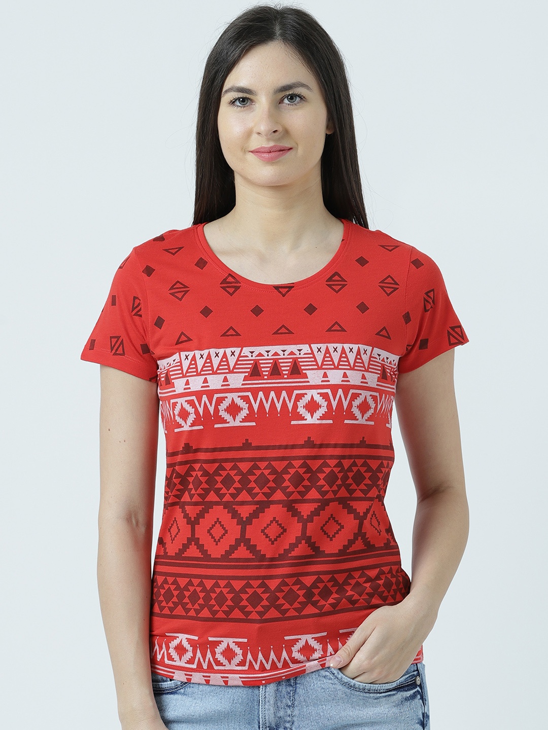 

Huetrap Women Red Printed Round Neck T-shirt