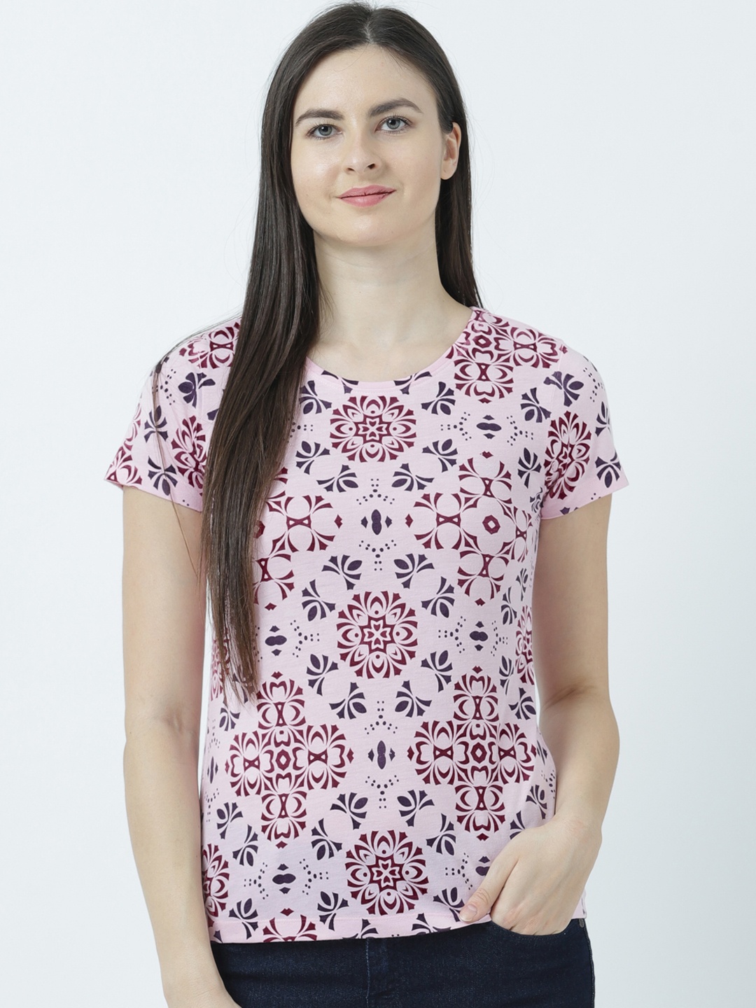 

Huetrap Women Pink Printed Round Neck T-shirt