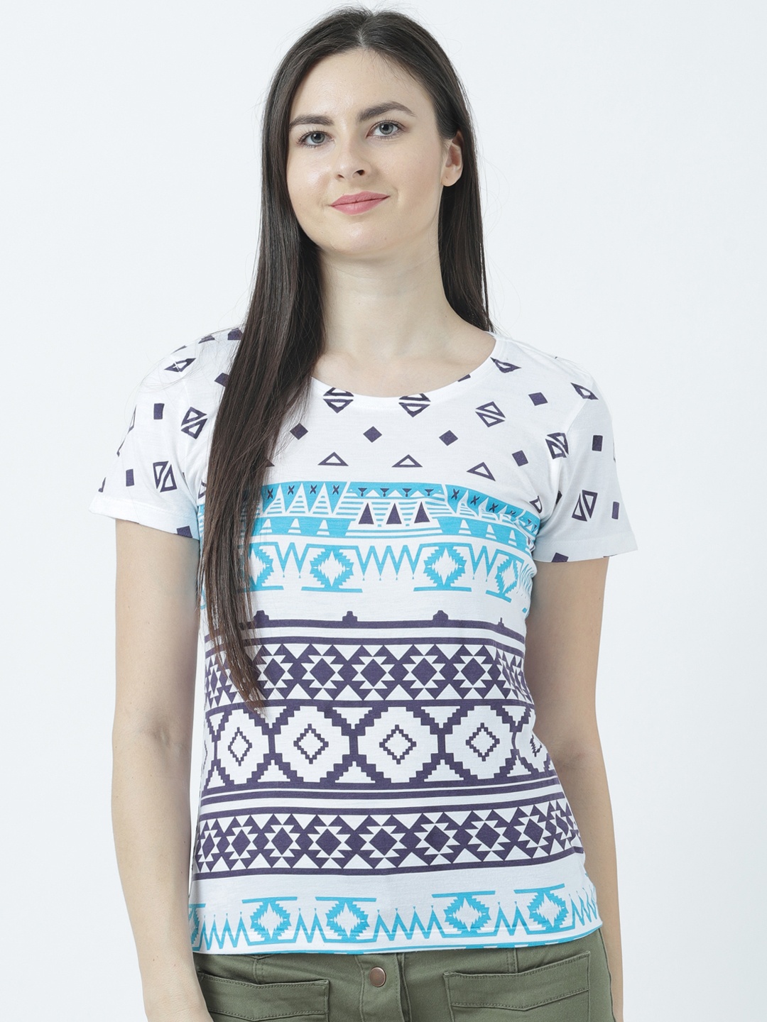 Huetrap Women White Printed Round Neck T-shirt