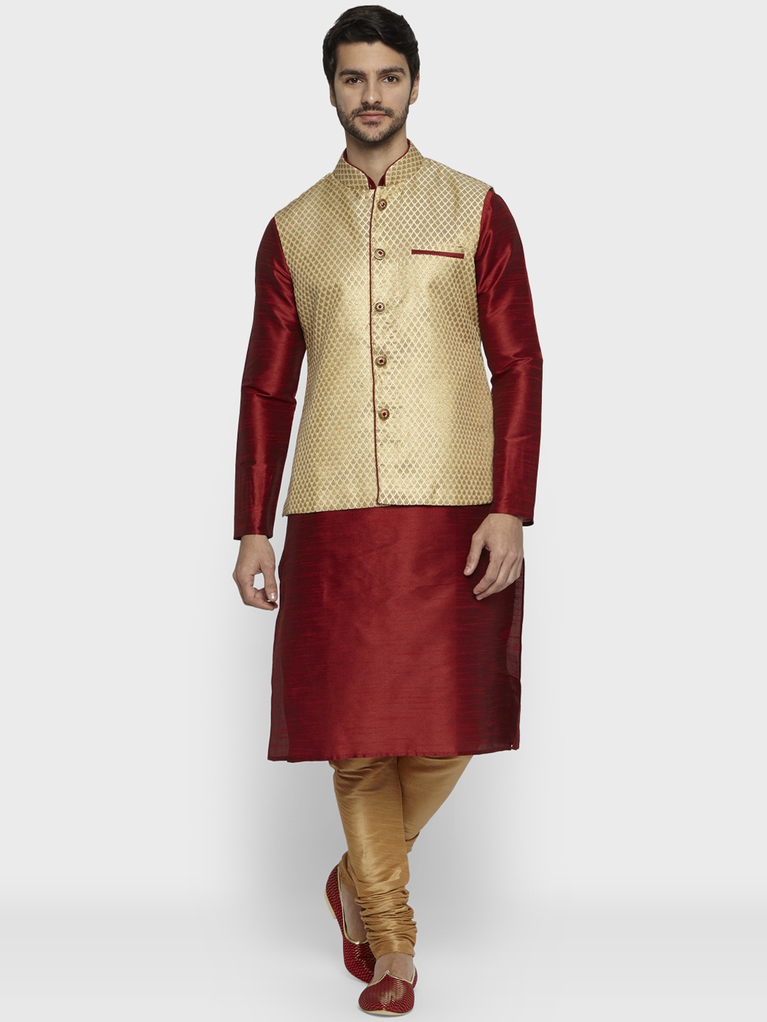 

ethnix Men Gold-Toned & Maroon Solid Kurta with Churidar & Nehru Jacket