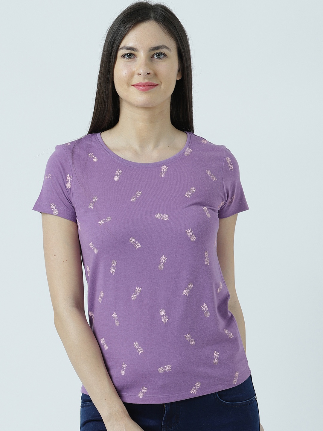 Huetrap Women Lavender Printed Round Neck T-shirt