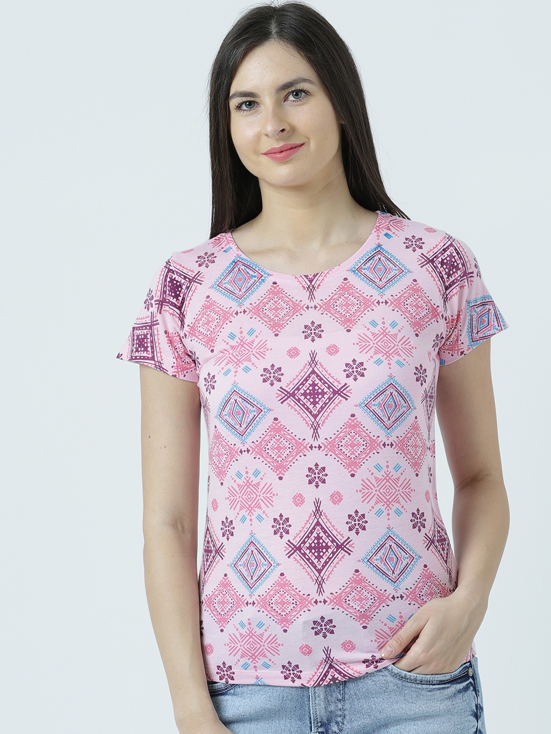Huetrap Women Pink Printed Round Neck T-shirt
