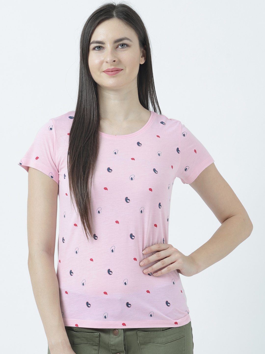 

Huetrap Women Pink Printed Round Neck T-shirt