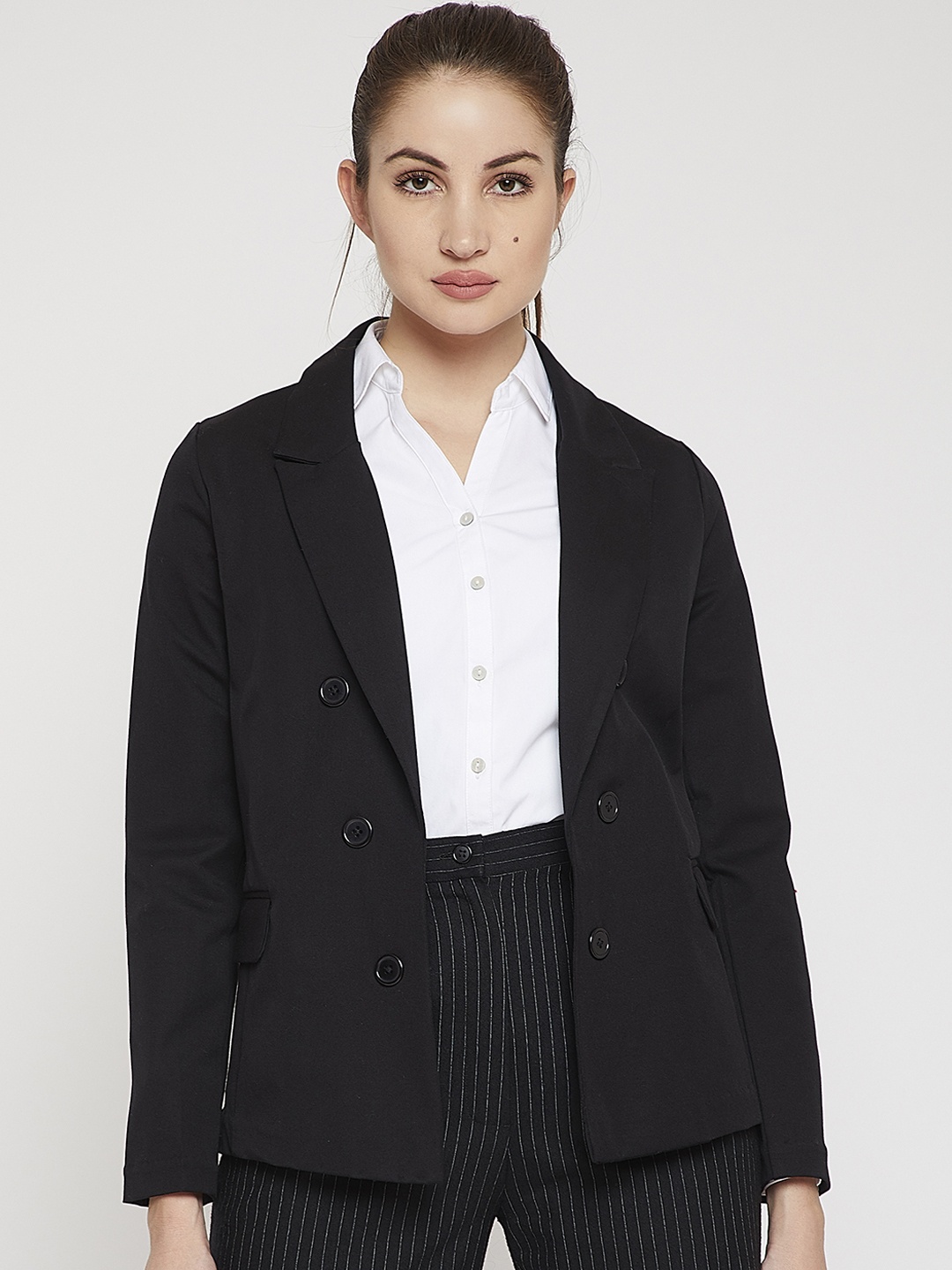 

Marie Claire Women Black Solid Open Front Pure Cotton Blazer